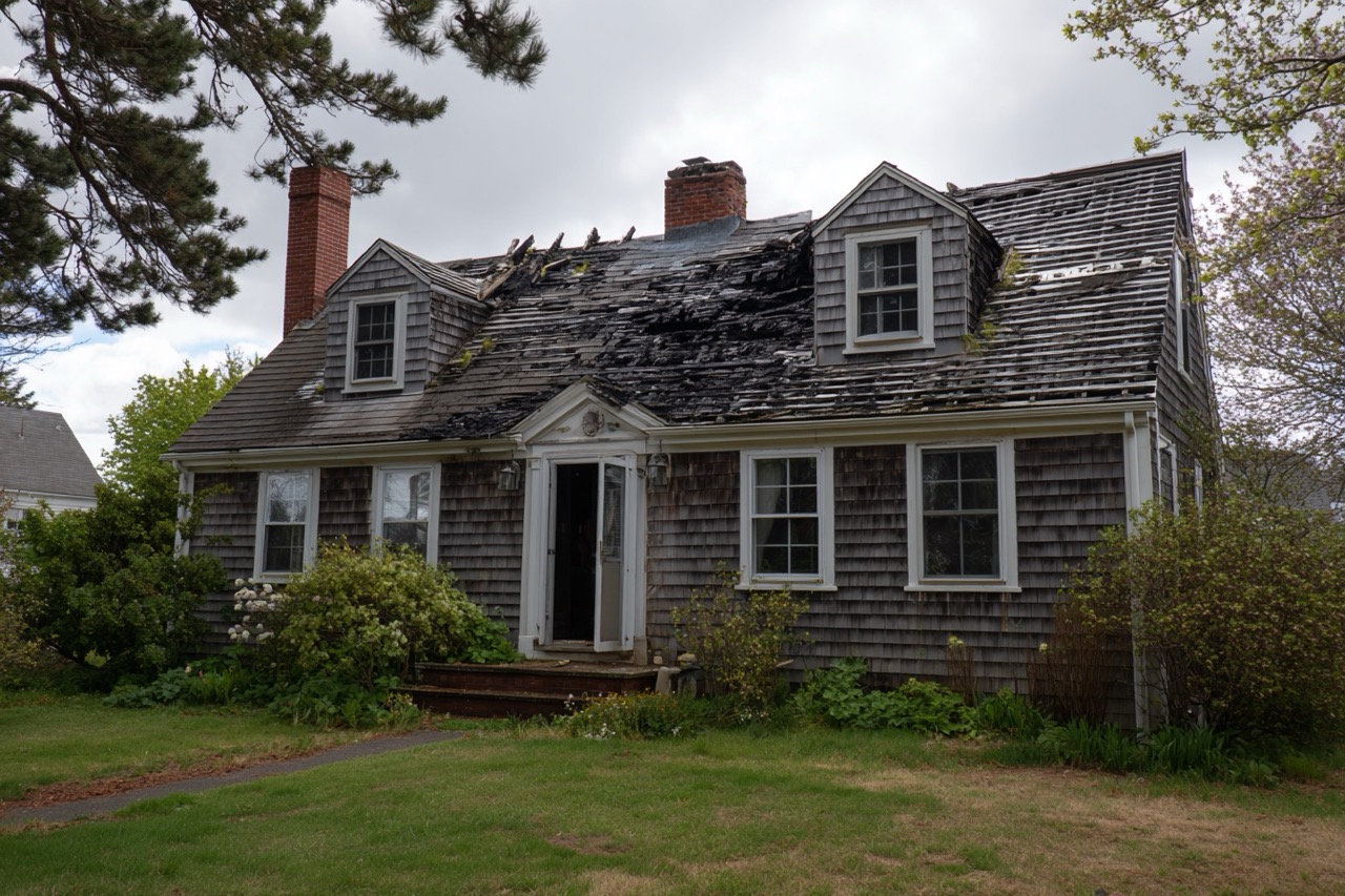 Cape Cod style fire damaged home in Massachusetts