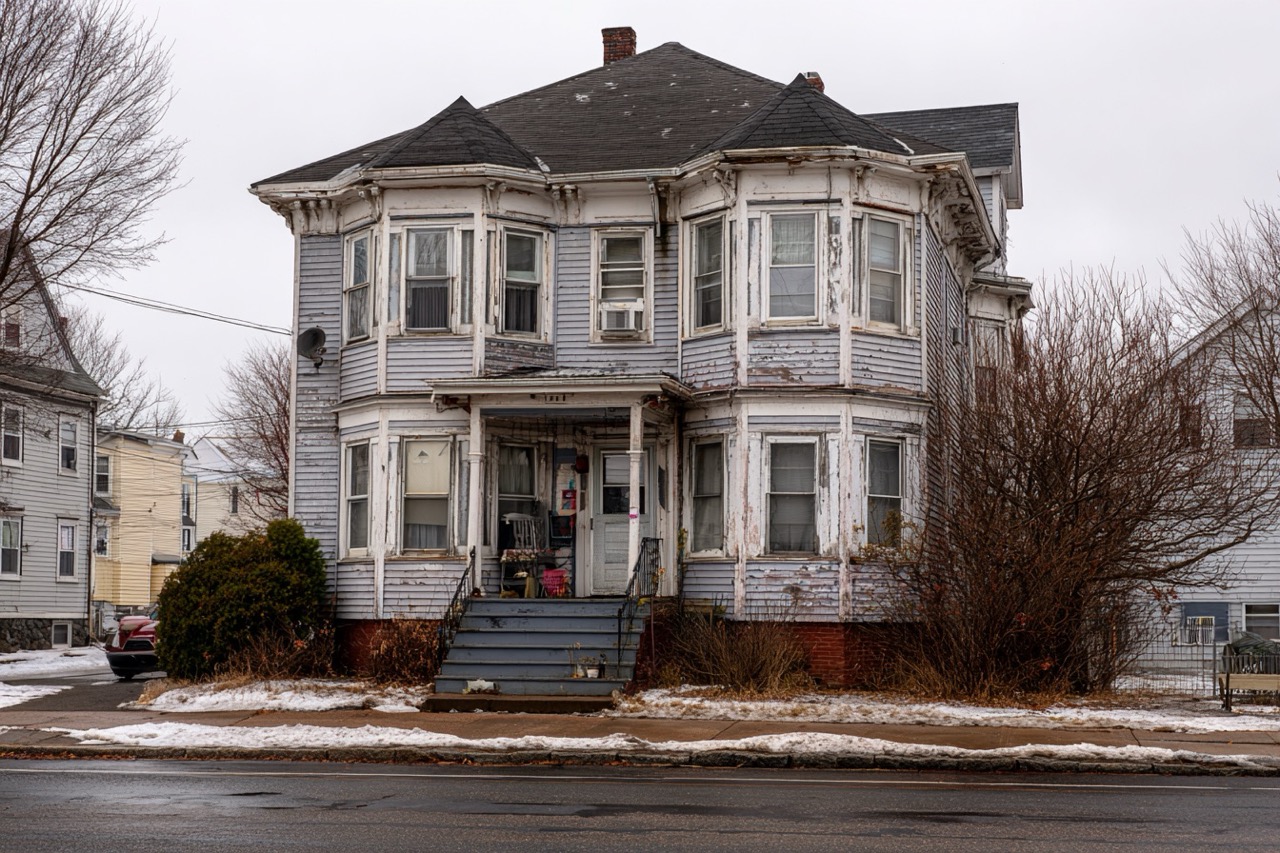Foreclosure house in Massachusetts showing classic triple-decker architecture