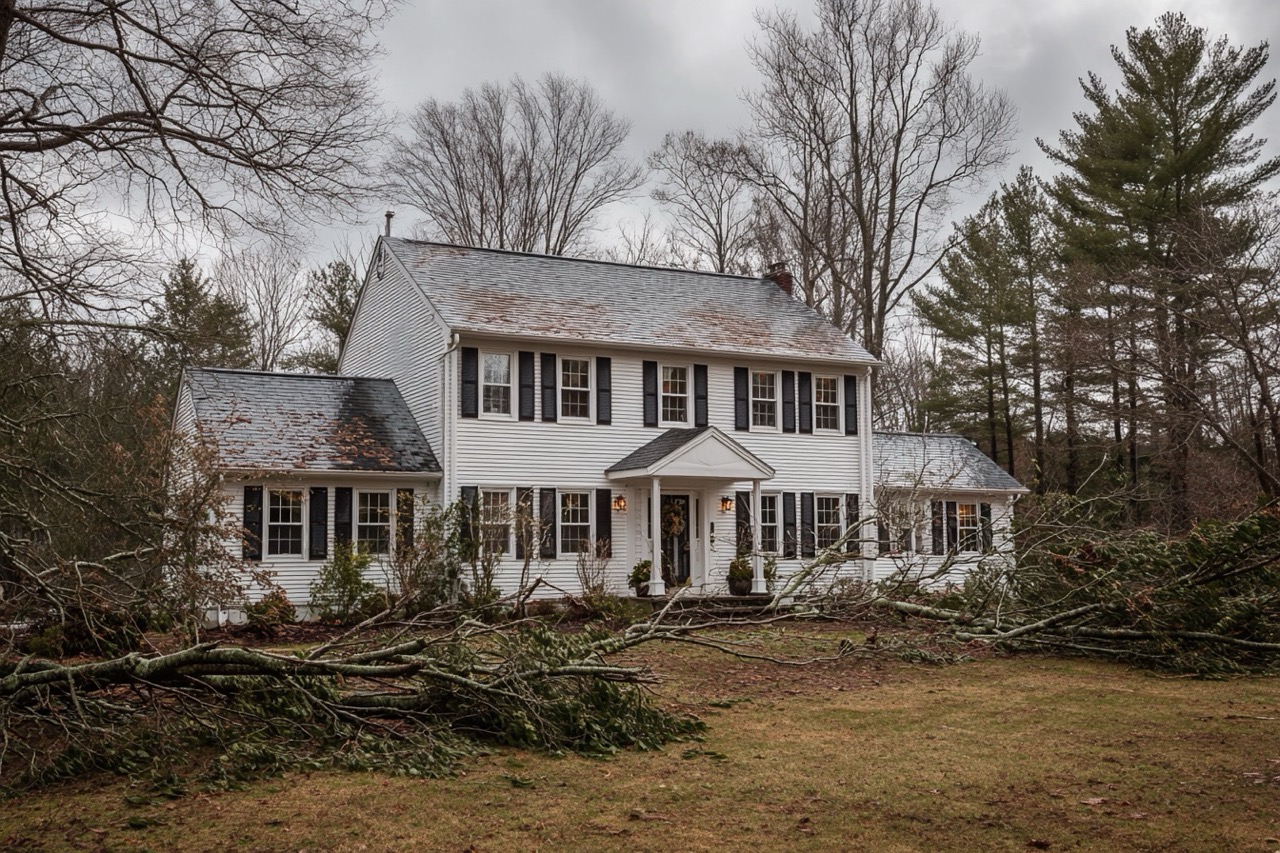 Storm damaged residential property in Massachusetts showing exterior weather damage