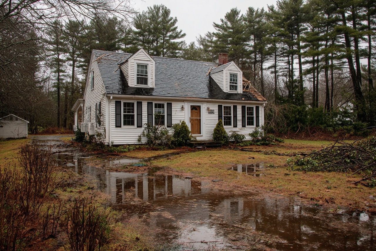Suburban Massachusetts property with visible storm damage needing sale
